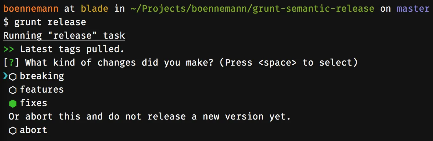 screenshot of the much-simplified release command using grunt semantic release