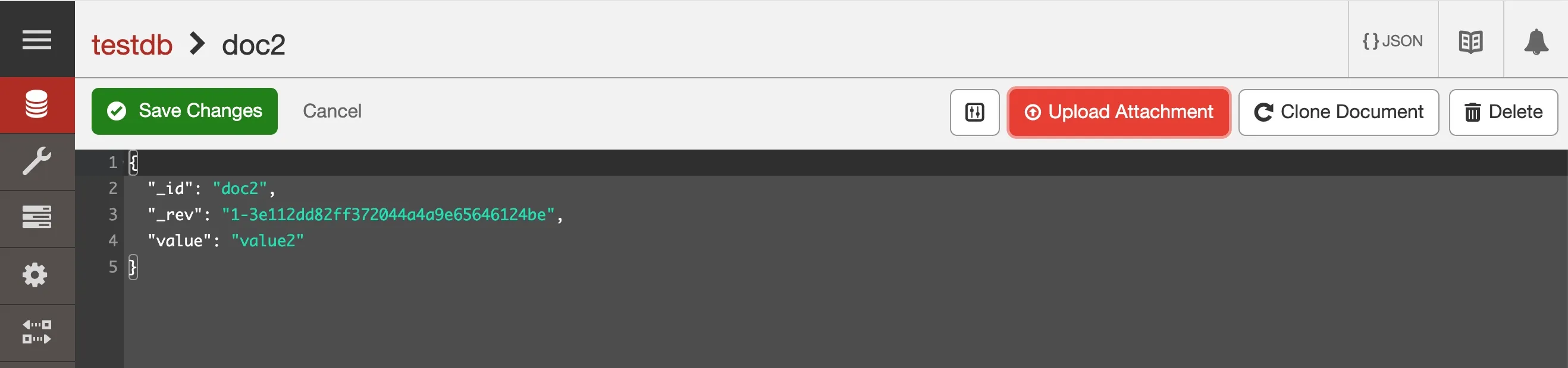 This screenshot snippet shows the “Upload Attachment” button visible on the horizontal navigation in Fauxton when viewing a single document.