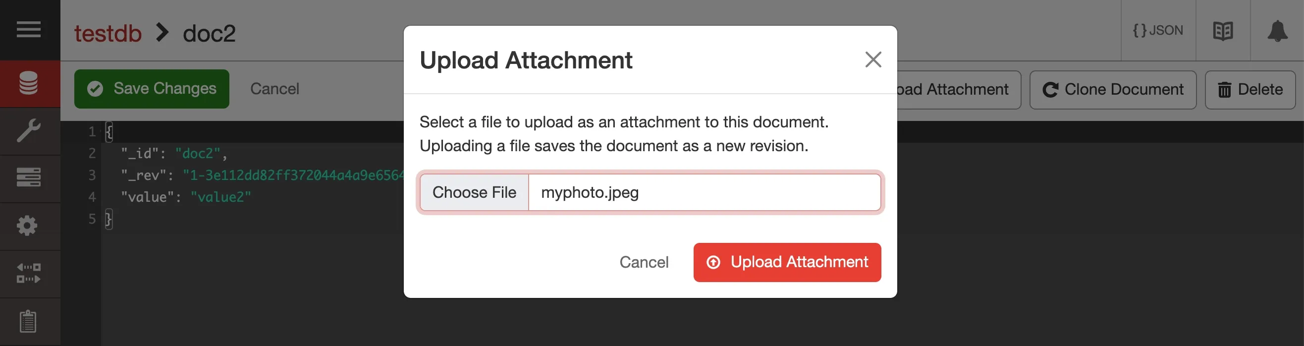 In this screenshot the “Upload Attachment” dialog is shown, with a “Choose File” button and a field to show the selected file. It’s also informs users that “Uploading a file saves the document as a new revision.”
