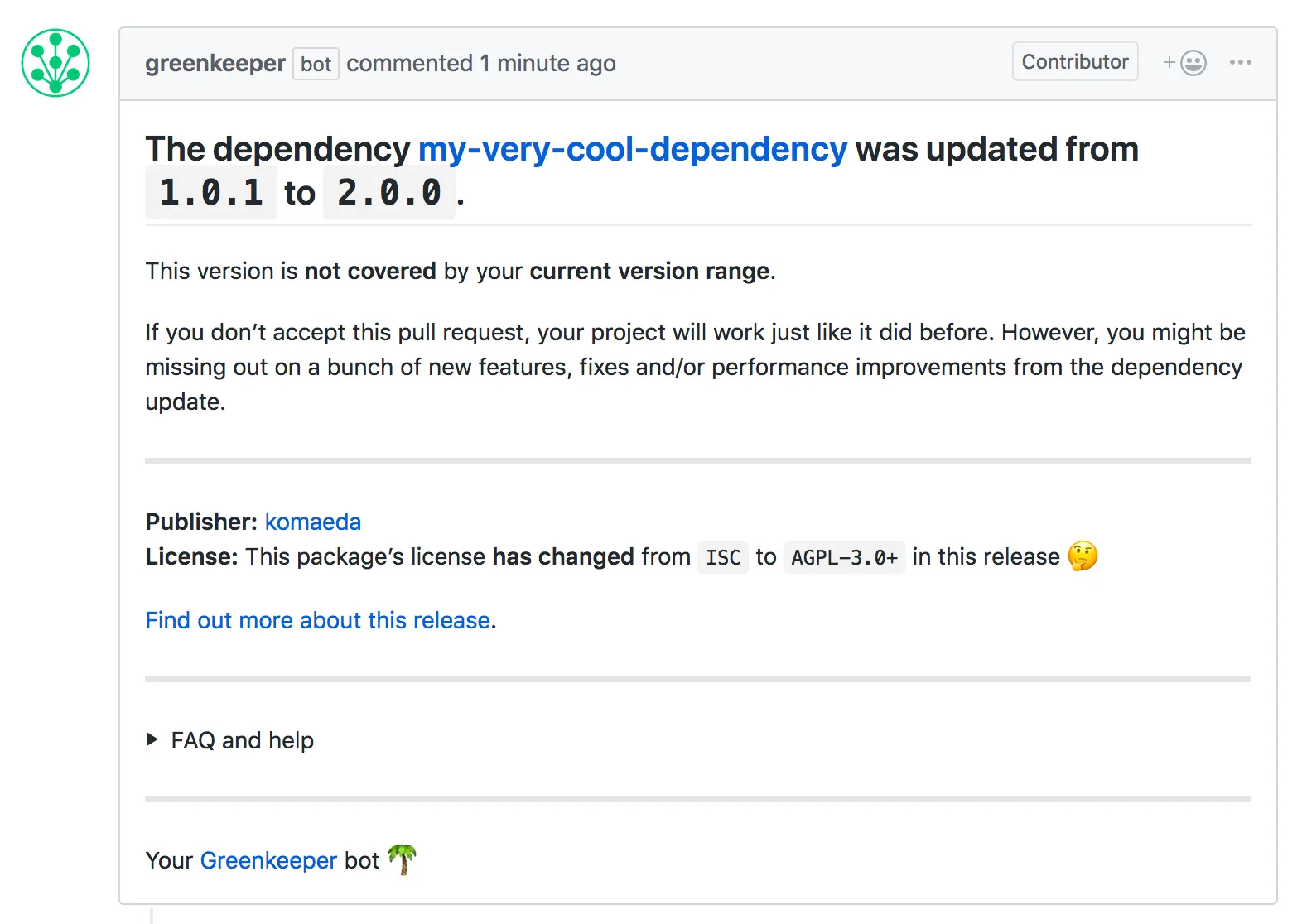 Screenshot illustrating the way Greenkeeper lets you know if a dependency&#x27;s license has changed