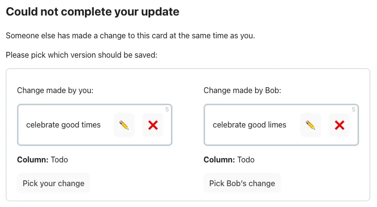 UI that displays two versions of the same Kanban board card and asks the user to pick which one is correct