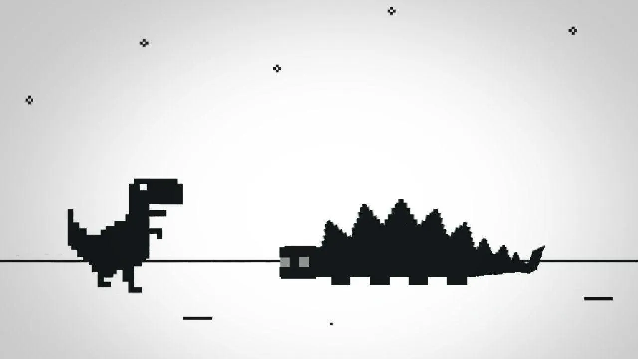 The offline dinosaur in Chrome browser is also a game. In this desktop wallpaper rendition, the 8-bit t-rex finds a stegosaurus friend!