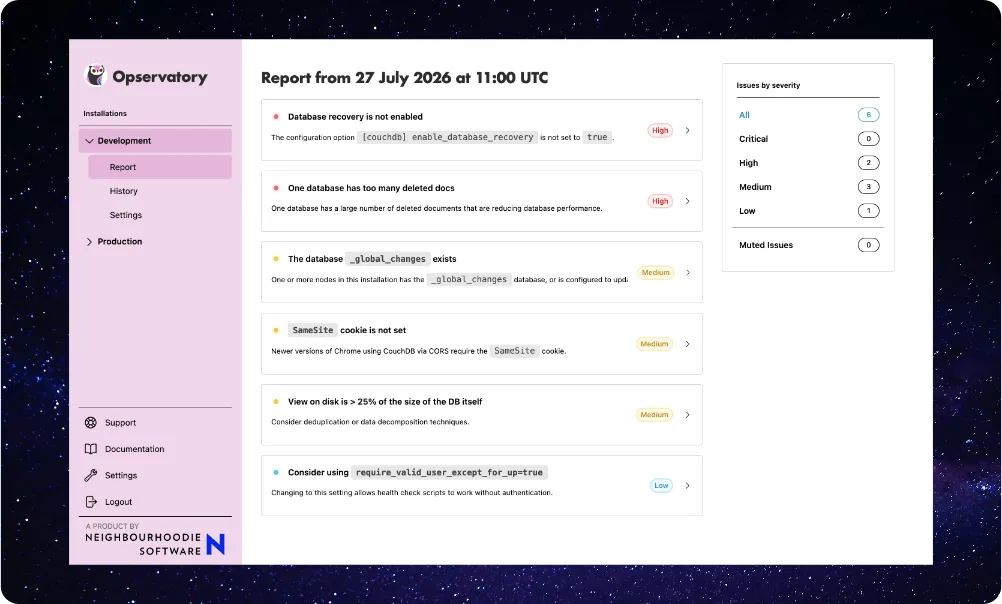 A sample Opservatory report from a development environment