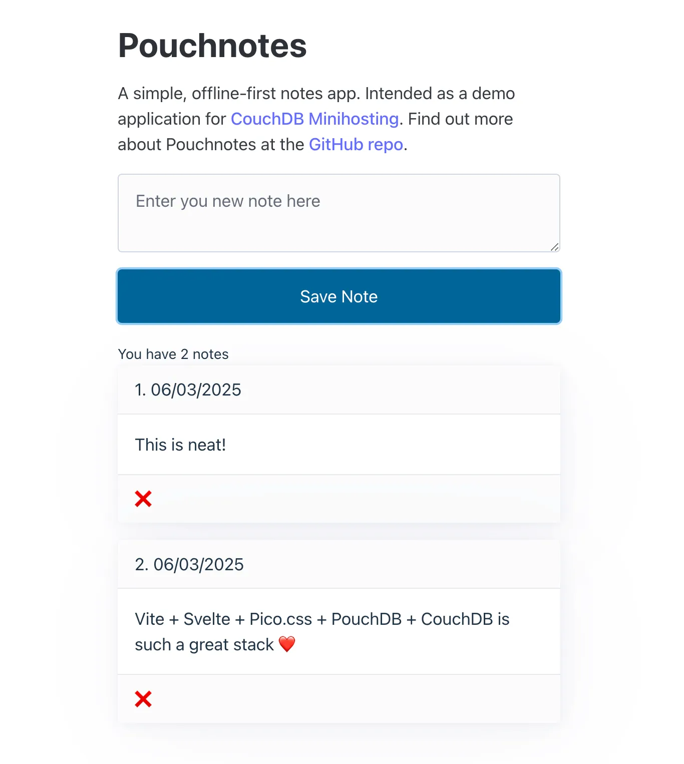 A screenshot of the Pouchnotes app