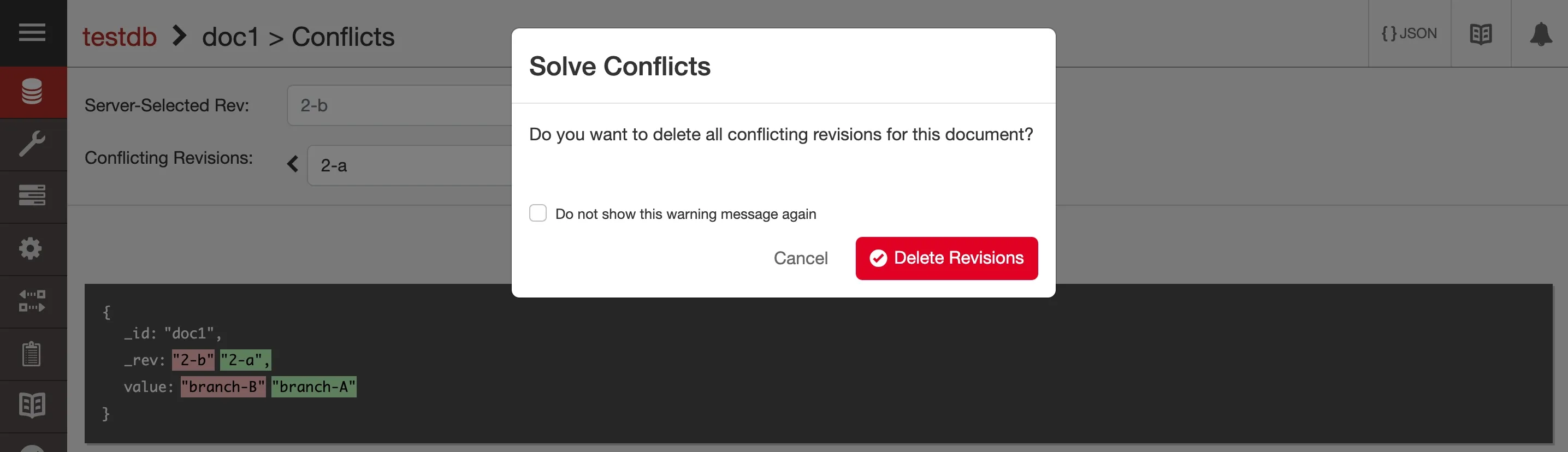 The screenshot shows a dialog called “Solve Conflicts” which asks “Do you want to delete all conflicting revisions for this document?” The user can “Delete Revisions” with the primary button, “Cancel”, and check a box to decline being shown the message again