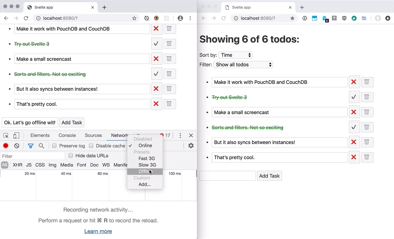A screencap from the demo video showing two instances of the app in different browsers, with one of them offline