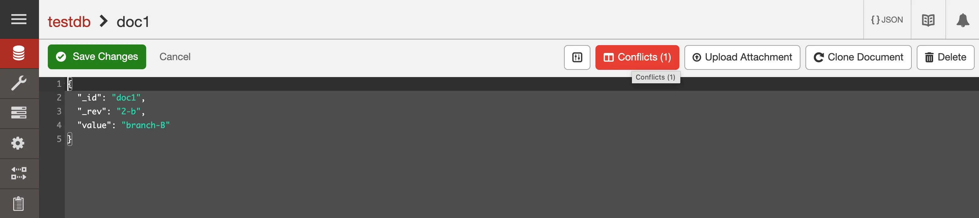 This cropped screenshot shows the Fauxton navigation and toolbar, where, under “Database”, users can access with the conflicts interface via a “Conflicts” button.