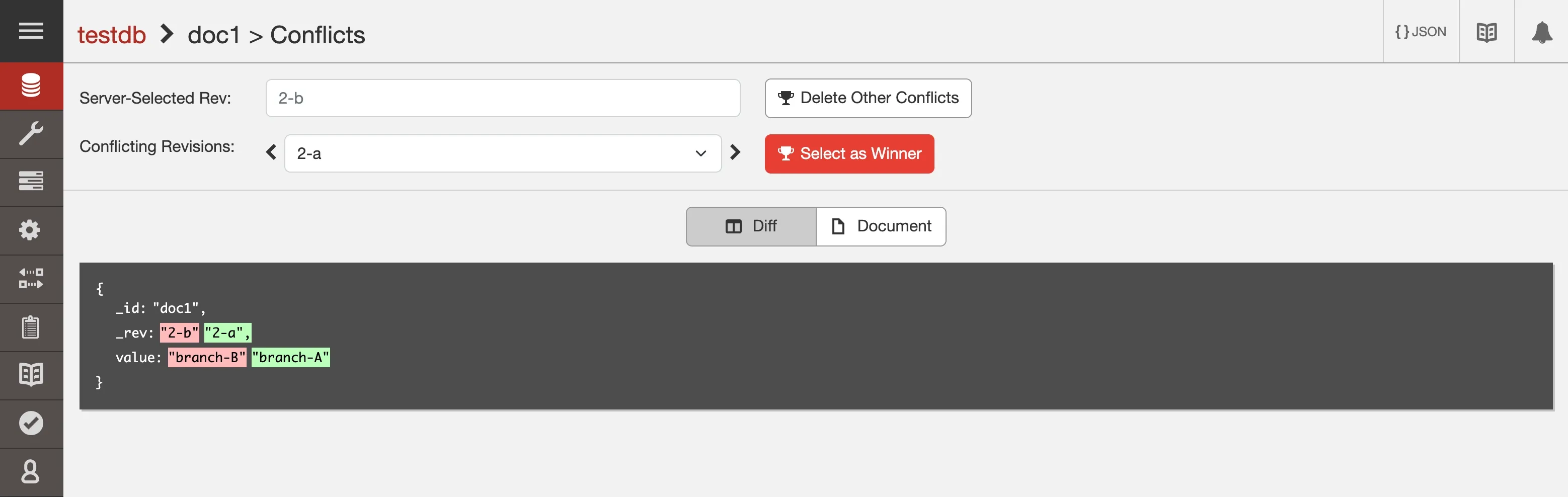The conflicts interface shows the server-selected revision alongside the conflicting revision, and provides the user with the option to “Select as Winner” and “Delete Other Conflicts”