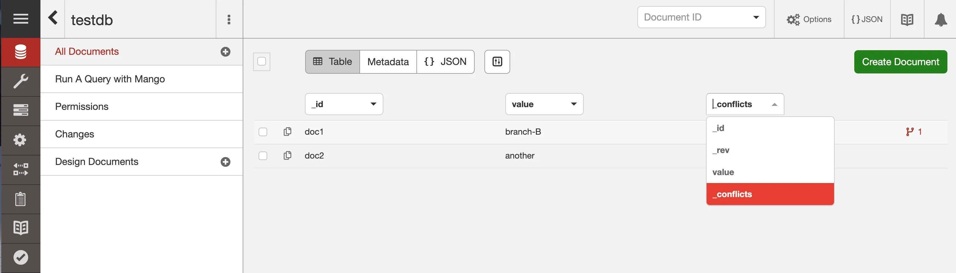 This cropped screenshot shows the Fauxton UI where, under “All Documents”, when “Table” is selected, a column for _conflicts can be added via a drop-down