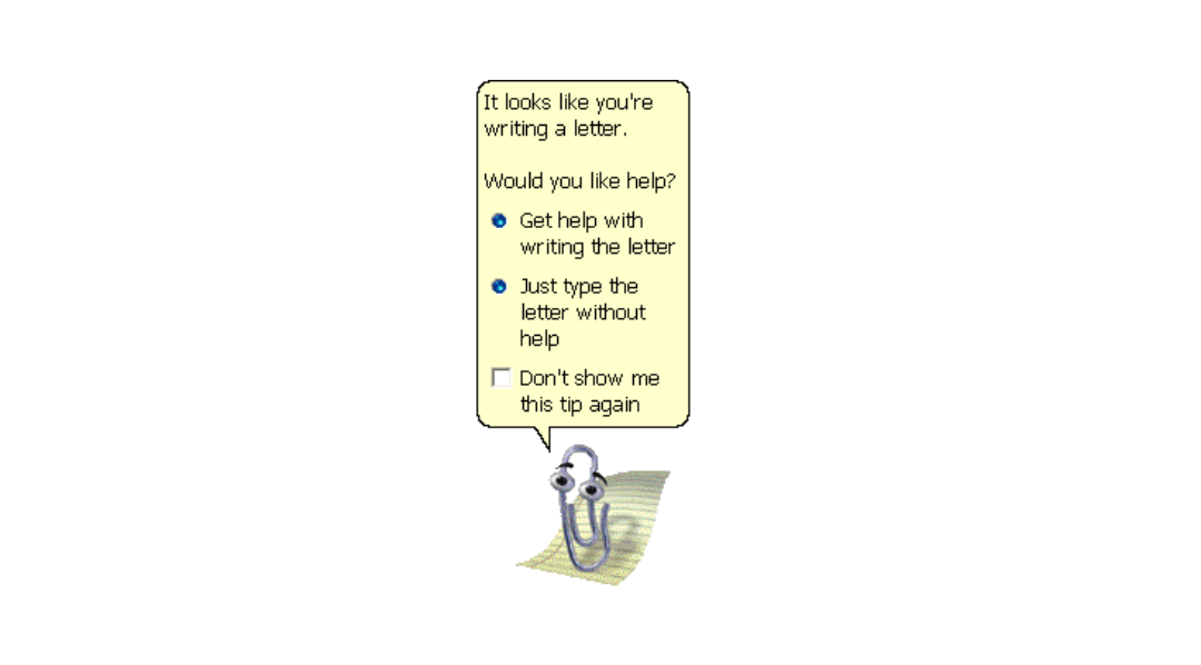 A screenshot of Microsoft’s Clippit assistant dropping in to ask if you’d like help writing a letter