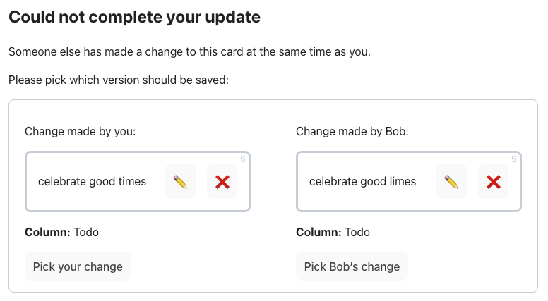 UI that displays two versions of the same Kanban board card and asks the user to pick which one is correct