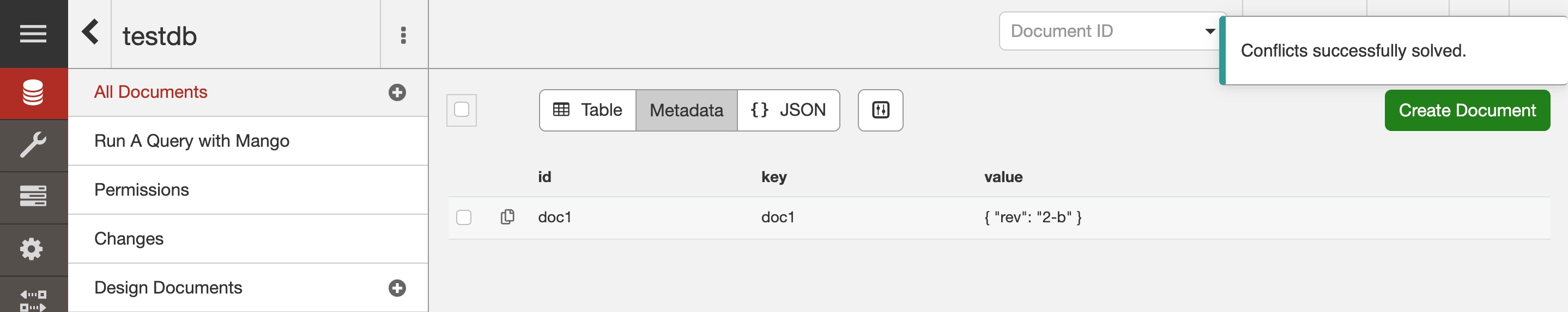 In the metadata section for the selected “winning” of the conflicting revisions, the “Value” column now shows {"rev": "2-b"} for the document